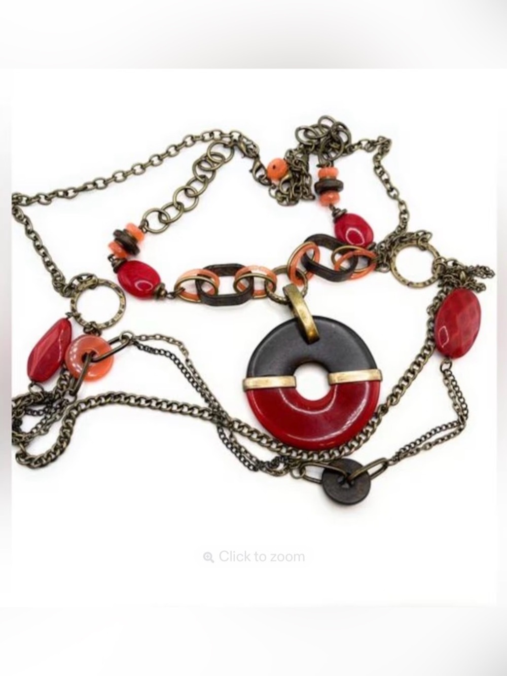 Premier Designs Piper Red Brown Acrylic Pendant Beaded Antiqued Finish Necklace - Picture 2 of 5